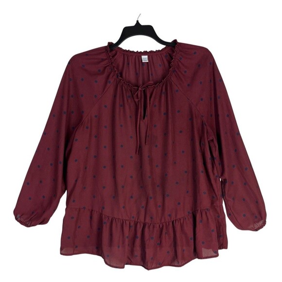 Old Navy XL Burgundy Long Sleeve Peplum Blouse Blue Polka Dots Drawstring Neck - Picture 2 of 6